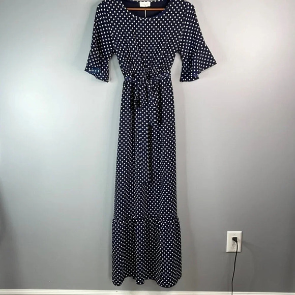 ORANGE CREEK / Pinkblush NWT Maternity Post Bump Dress Navy Polka Dot Tier S - Picture 11 of 11
